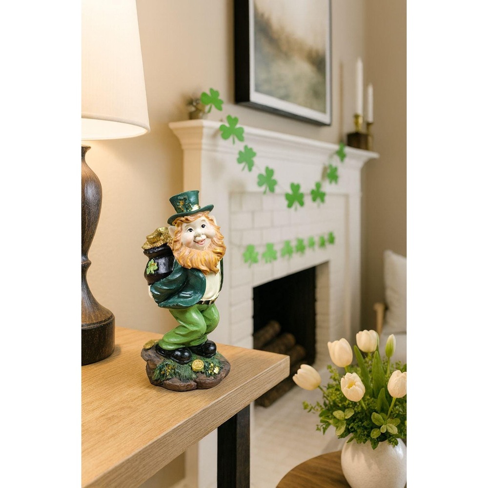 Saint Patricks Day Ceramic Leprechaun Figurine Holding Pot Of Gold Glittered